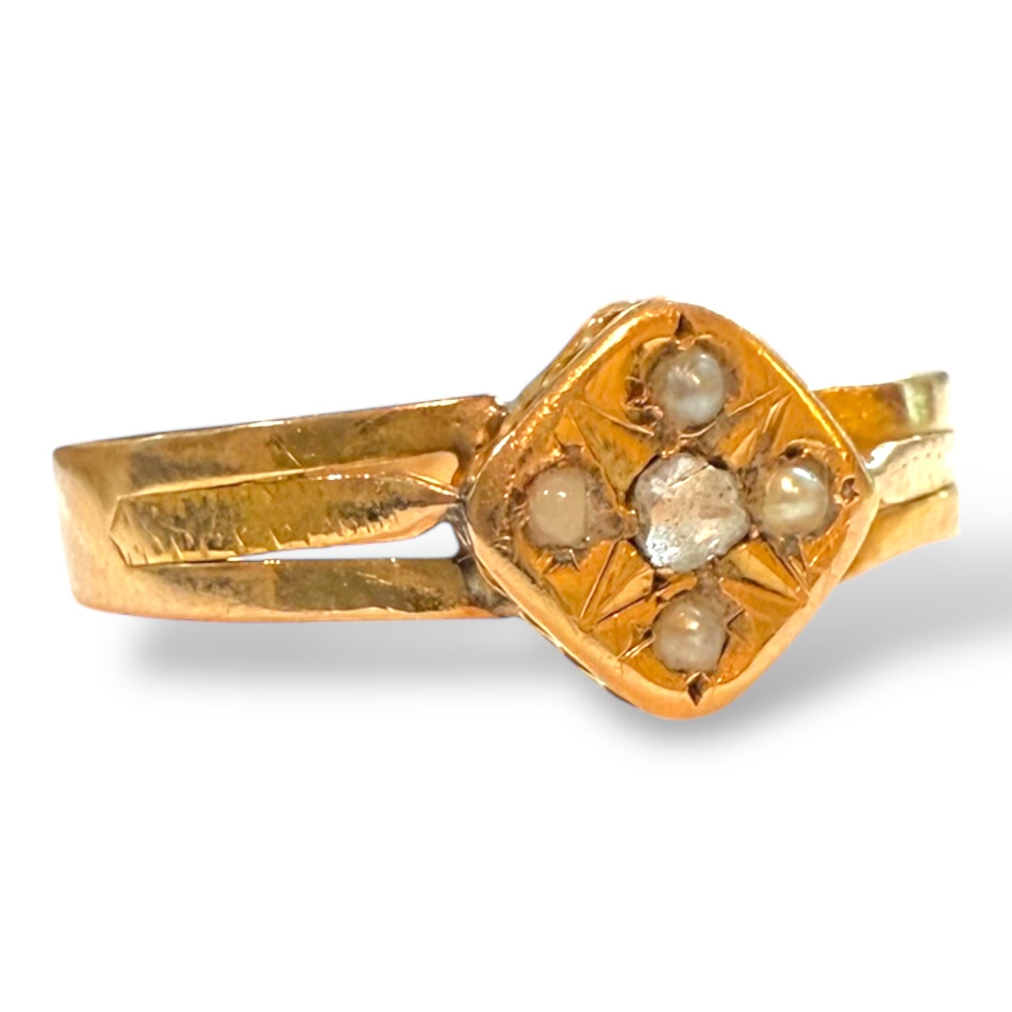 Antique Georgian 18k Natural Diamond and Seed Pearl Ring with French Hallmarks