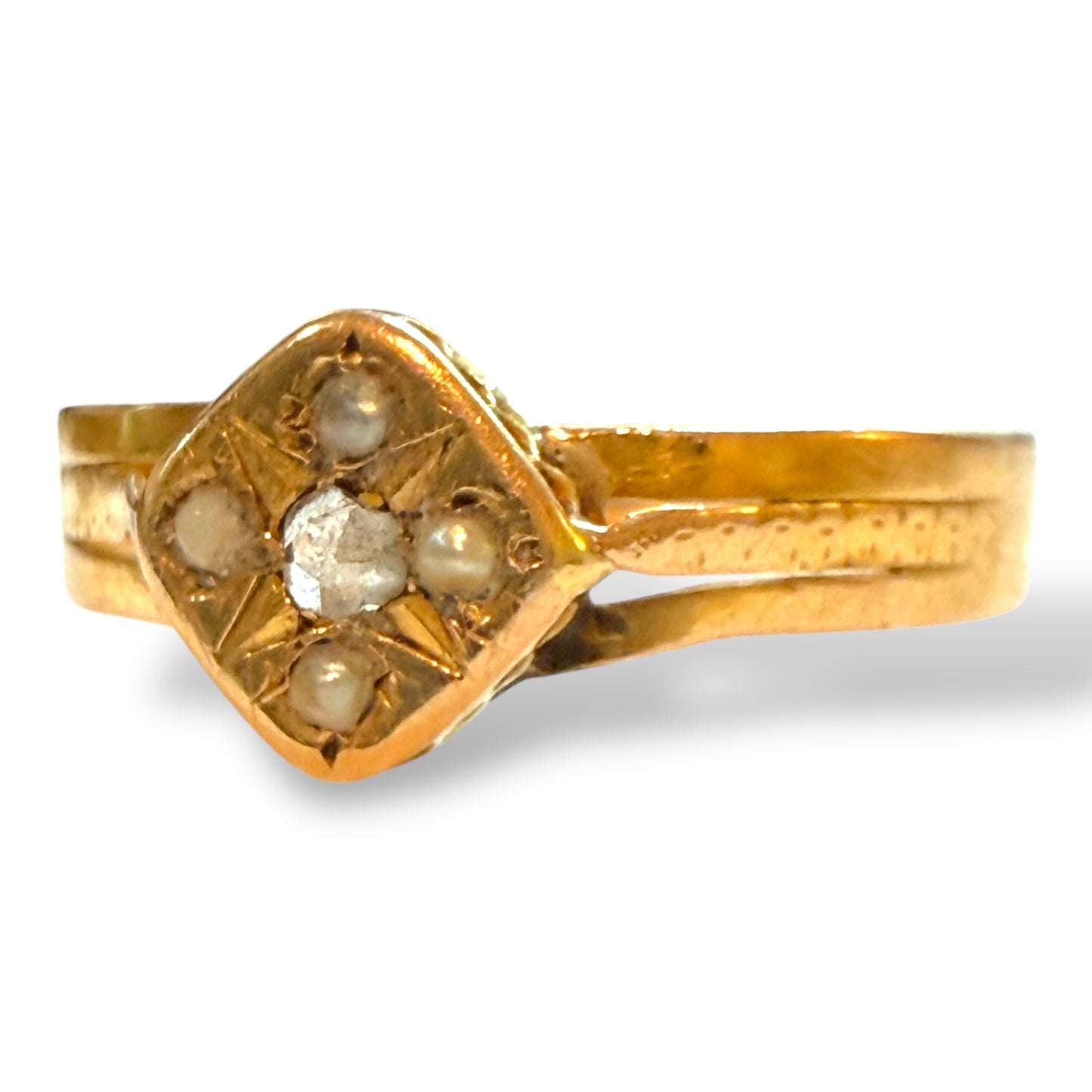 Antique Georgian 18k Natural Diamond and Seed Pearl Ring with French Hallmarks