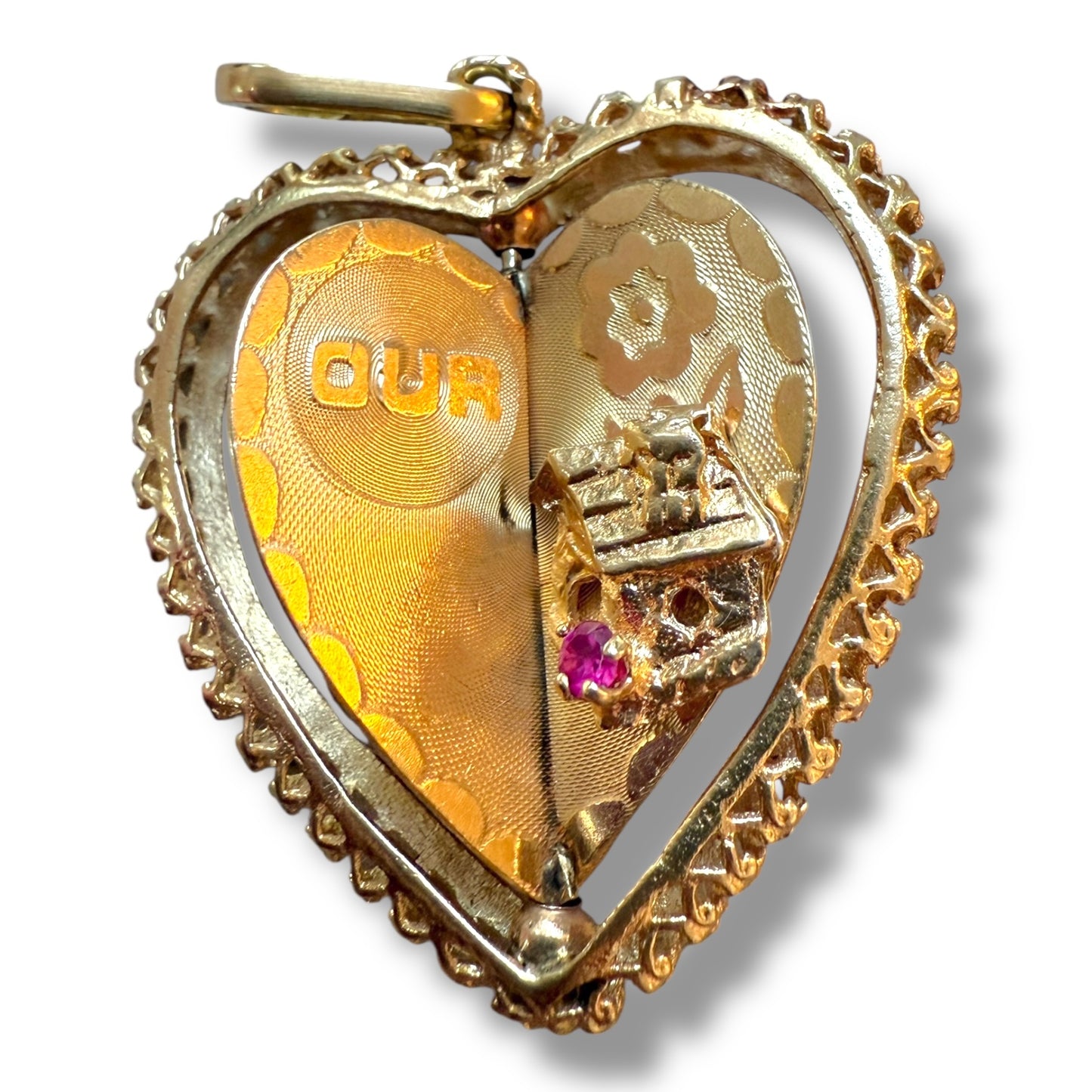 XL Vintage 14k Amethyst, Ruby, Spinel Spinner 3D Heart Charm