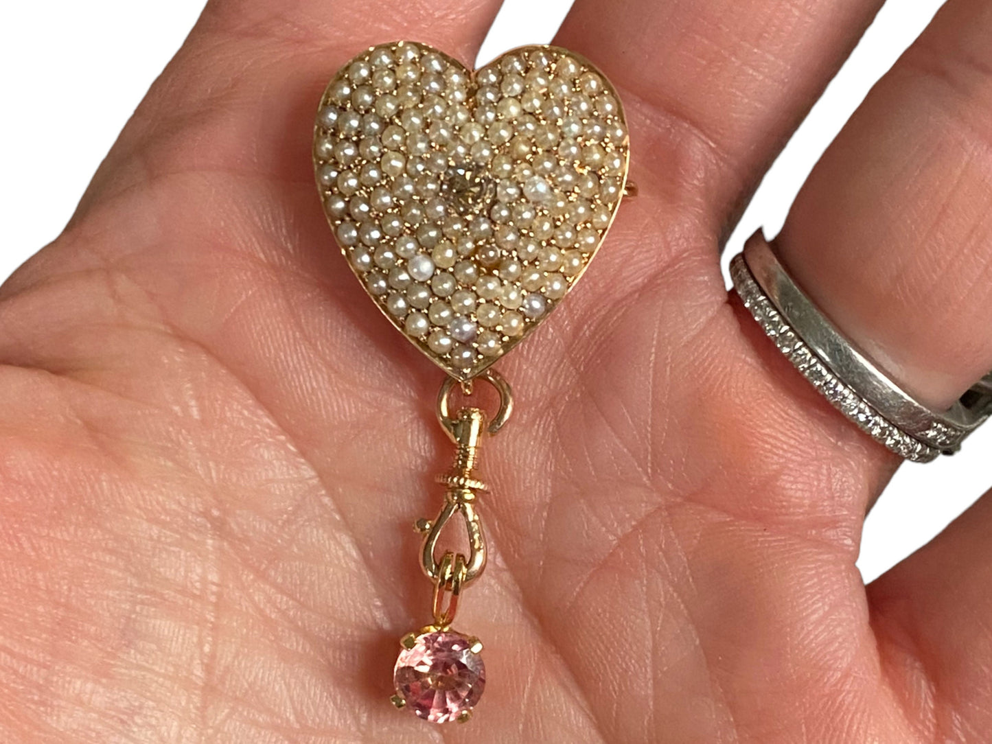 14k Yellow Gold Antique Pearl and Diamond Heart Brooch and Charm Holder