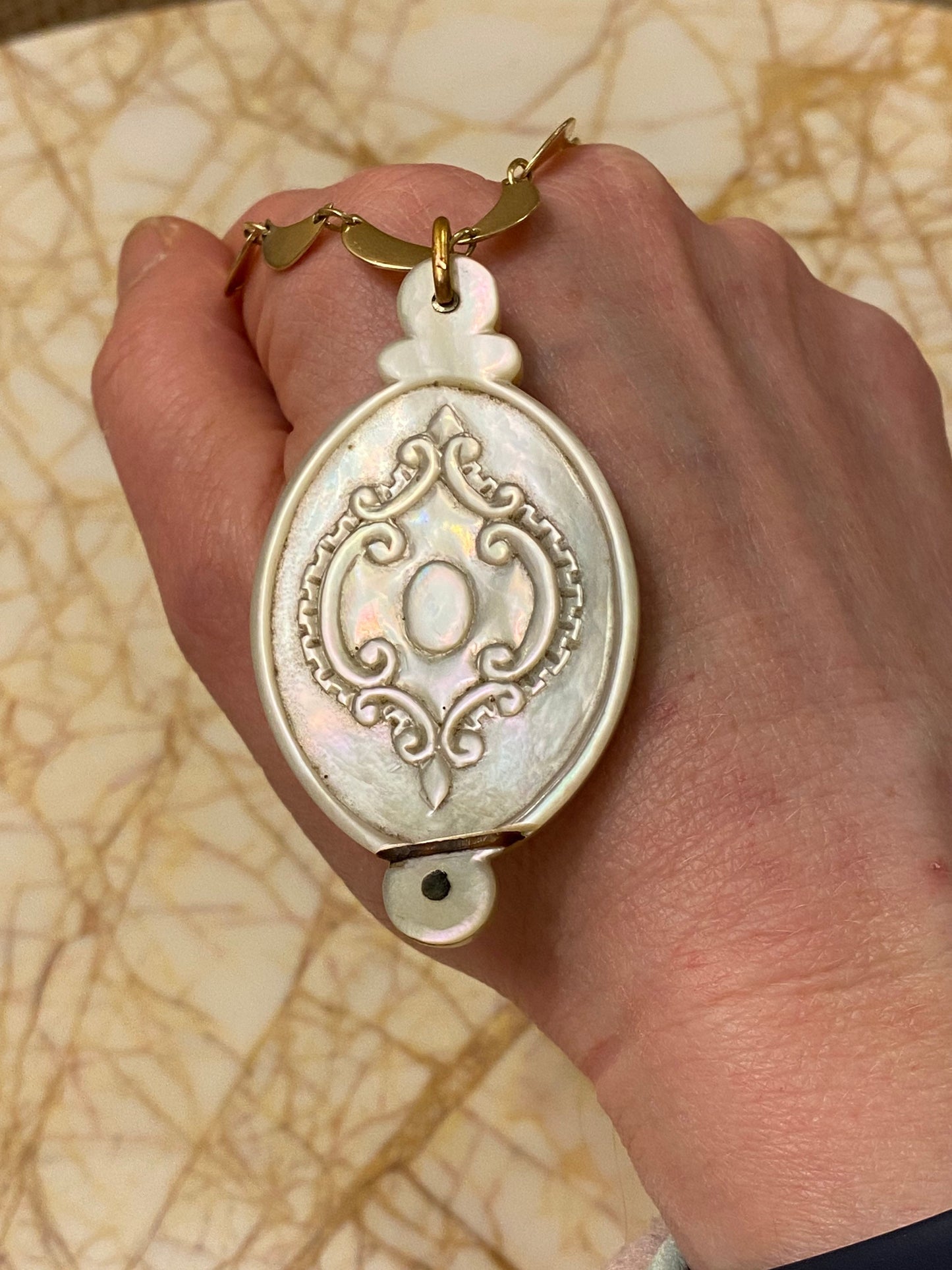 Antique French Slide Locket with 14k Bail | LARGE Mother of Pearl Locket with an Antique Mirror Inside
