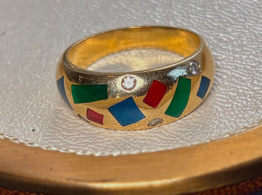 Vintage French 18k Vitreous Enamel and Diamond Band