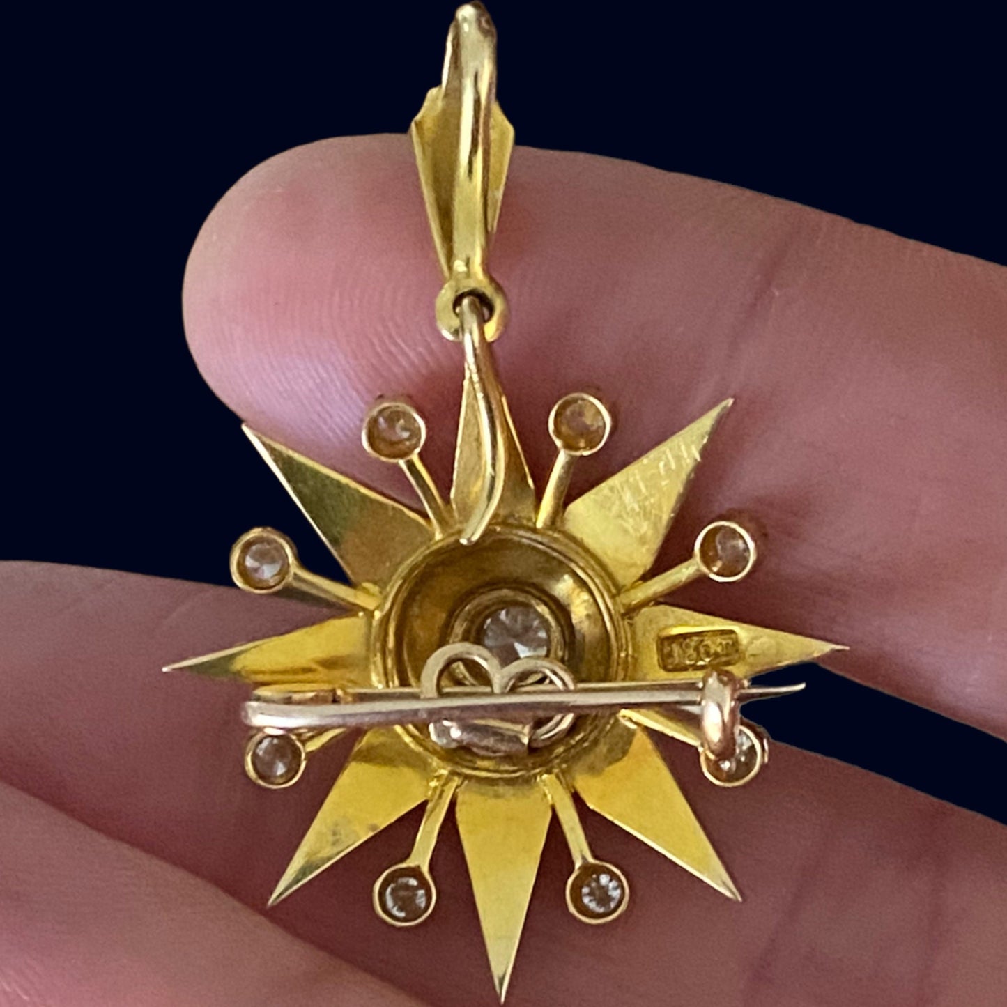 Superb 18k Yellow Gold Victorian Starburst Convertible Pendant / Brooch with Diamonds and Seed Pearls