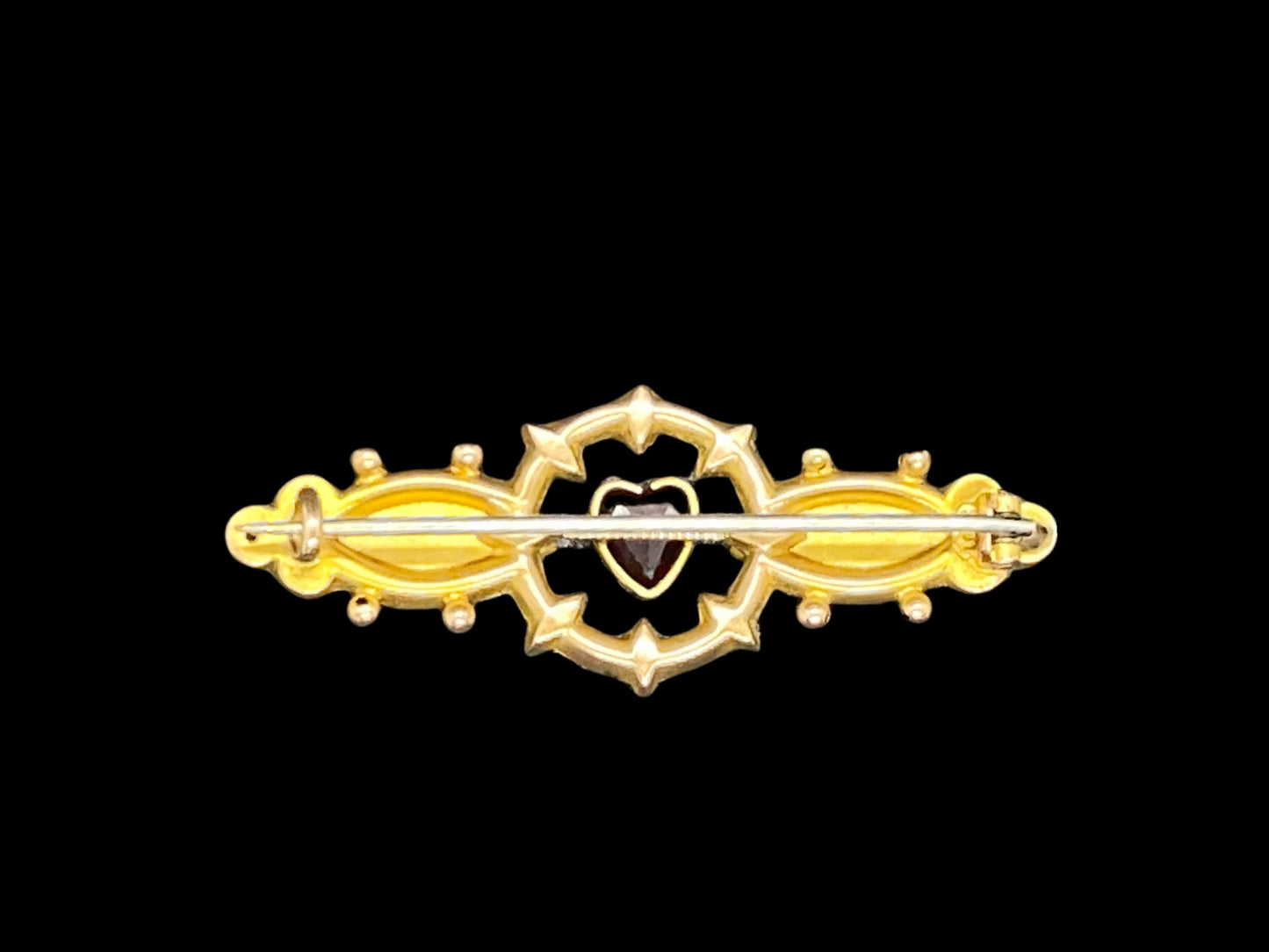 Antique 9k Solid Gold Puffy Brooch with Red Garnet Heart | 1880s England | Victorian Design