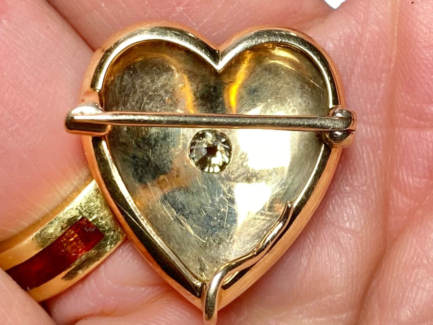 14k Yellow Gold Antique Pearl and Diamond Heart Brooch and Charm Holder