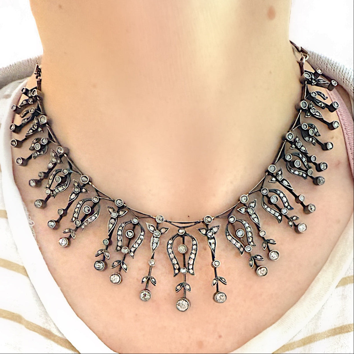 Antique Old Mine Cut 14k and Diamond Fringe Necklace