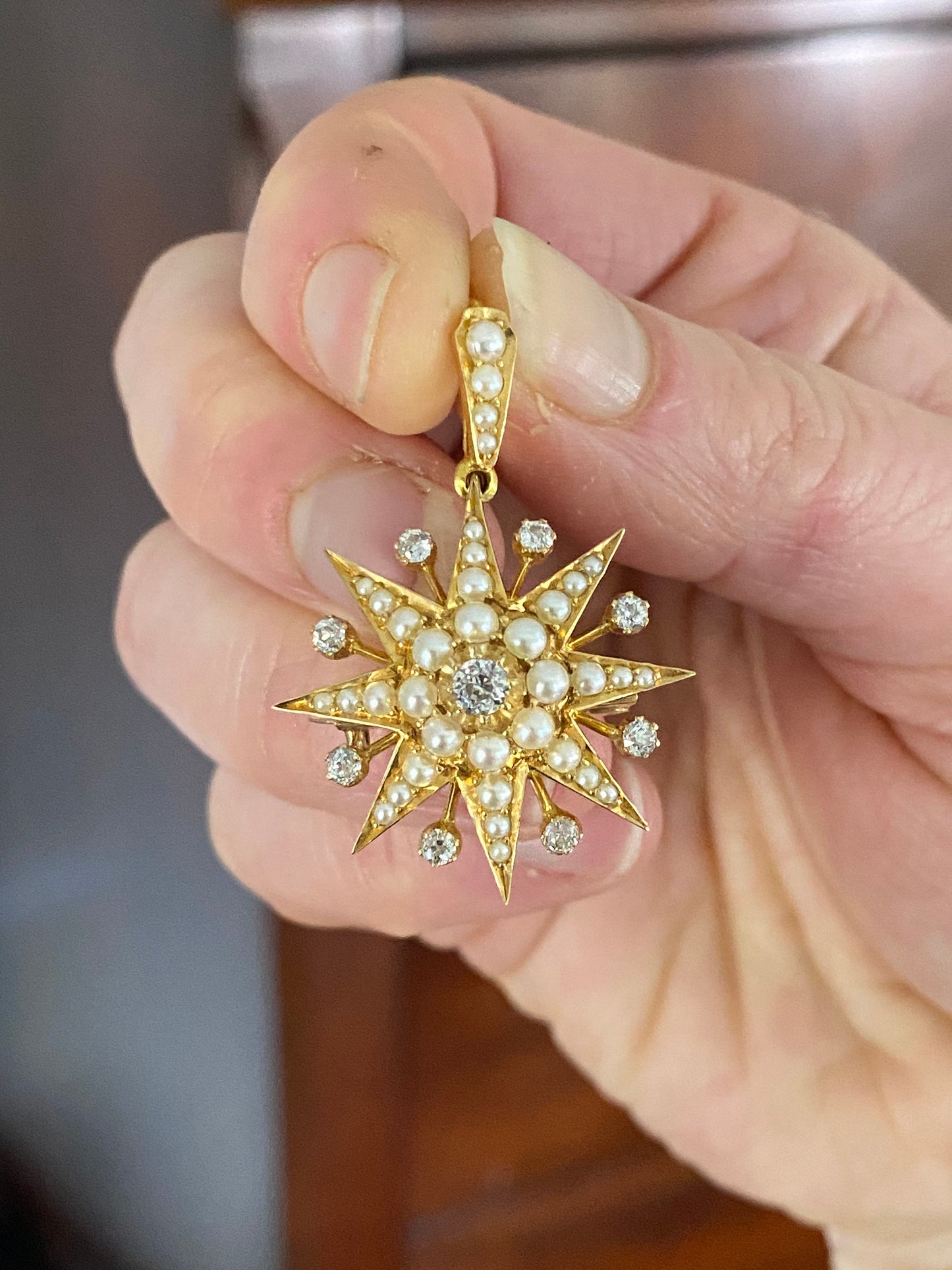 Superb 18k Yellow Gold Victorian Starburst Convertible Pendant / Brooch with Diamonds and Seed Pearls