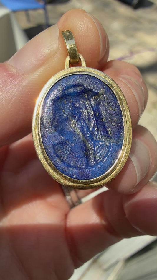 Vintage 18k Yellow Gold and Lapis Lazuli Intaglio of Egyptian Principle Queen Wax Seal Stamp Pendant