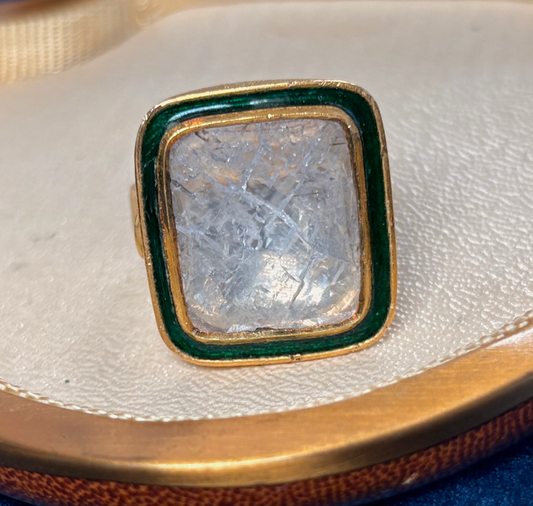 Antique Square 23k Foiled Natural Diamond Slice Ring With Green Vitreous Enamel Surround