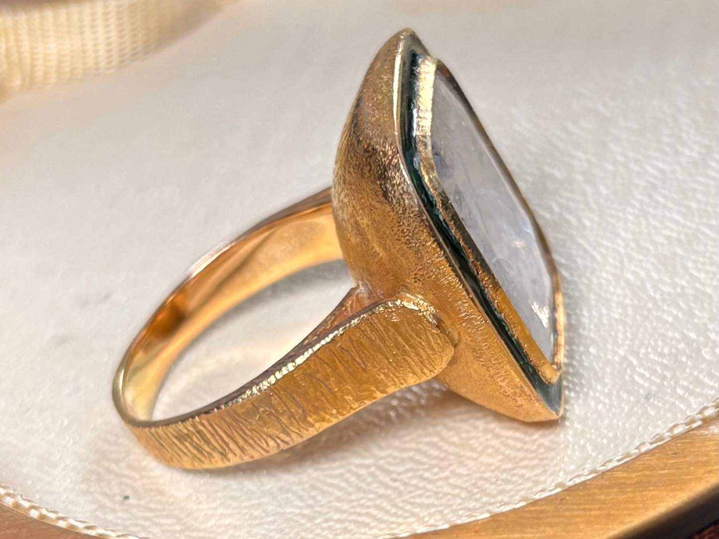 Antique Square 23k Foiled Natural Diamond Slice Ring With Green Vitreous Enamel Surround