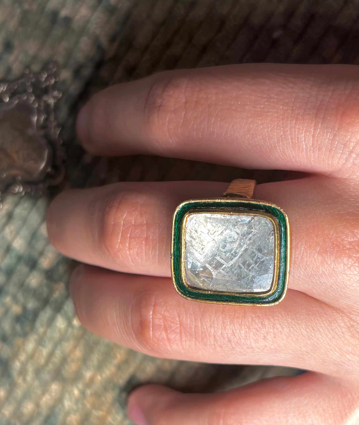 Antique Square 23k Foiled Natural Diamond Slice Ring With Green Vitreous Enamel Surround